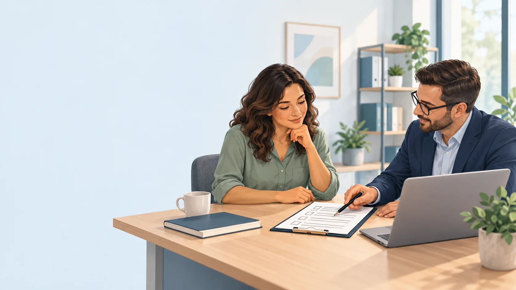 Illustration of a business owner and advisor reviewing documents together.