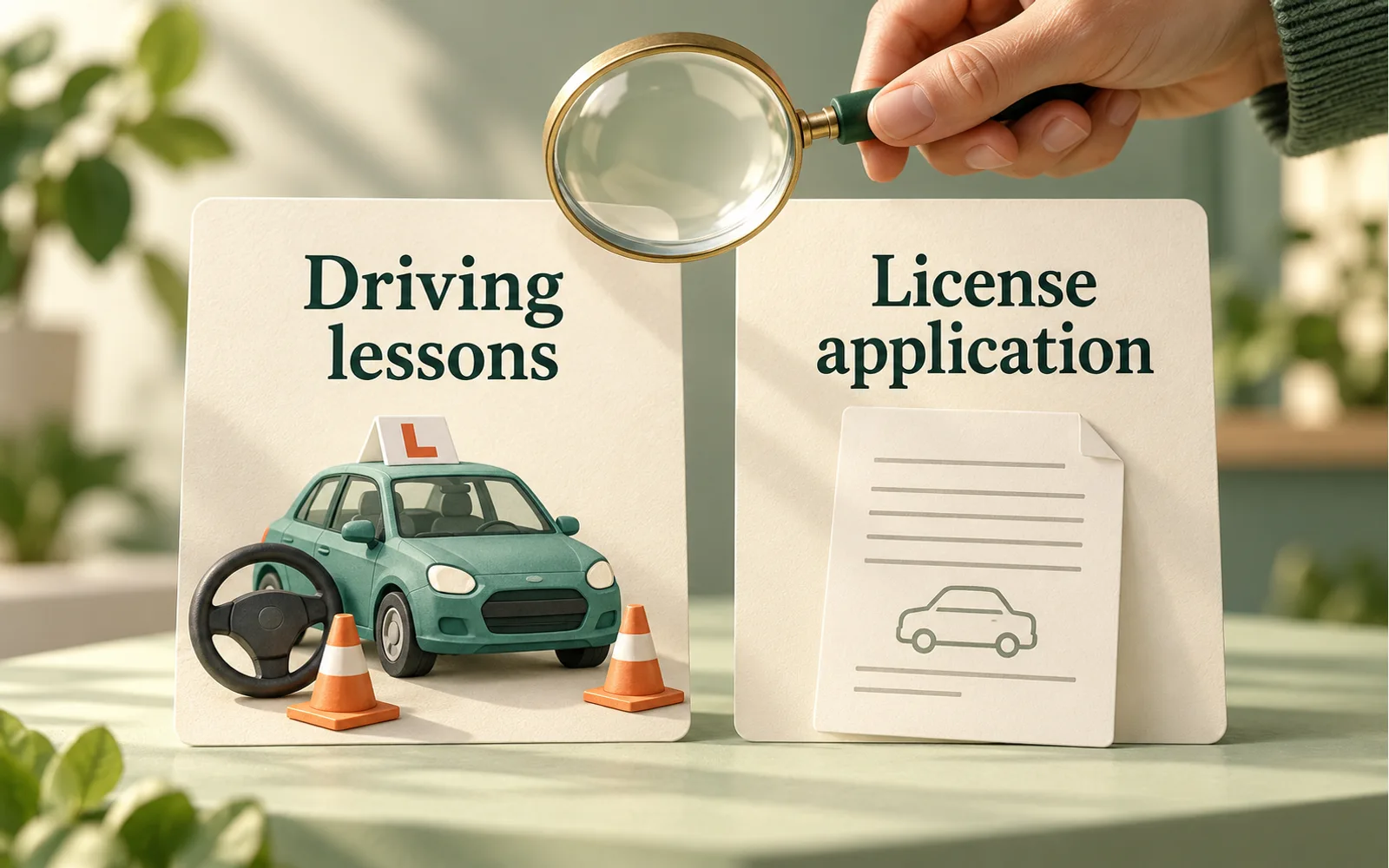 Two service cards show driving lessons with a learner car and cones beside a license application form, examined with a magnifying glass.