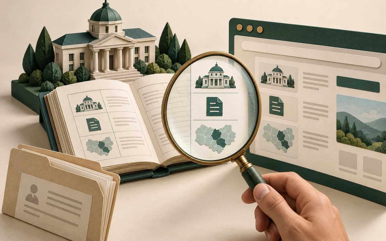 A magnifying glass compares a public government record with a provider website, matching the service and geographic scope.