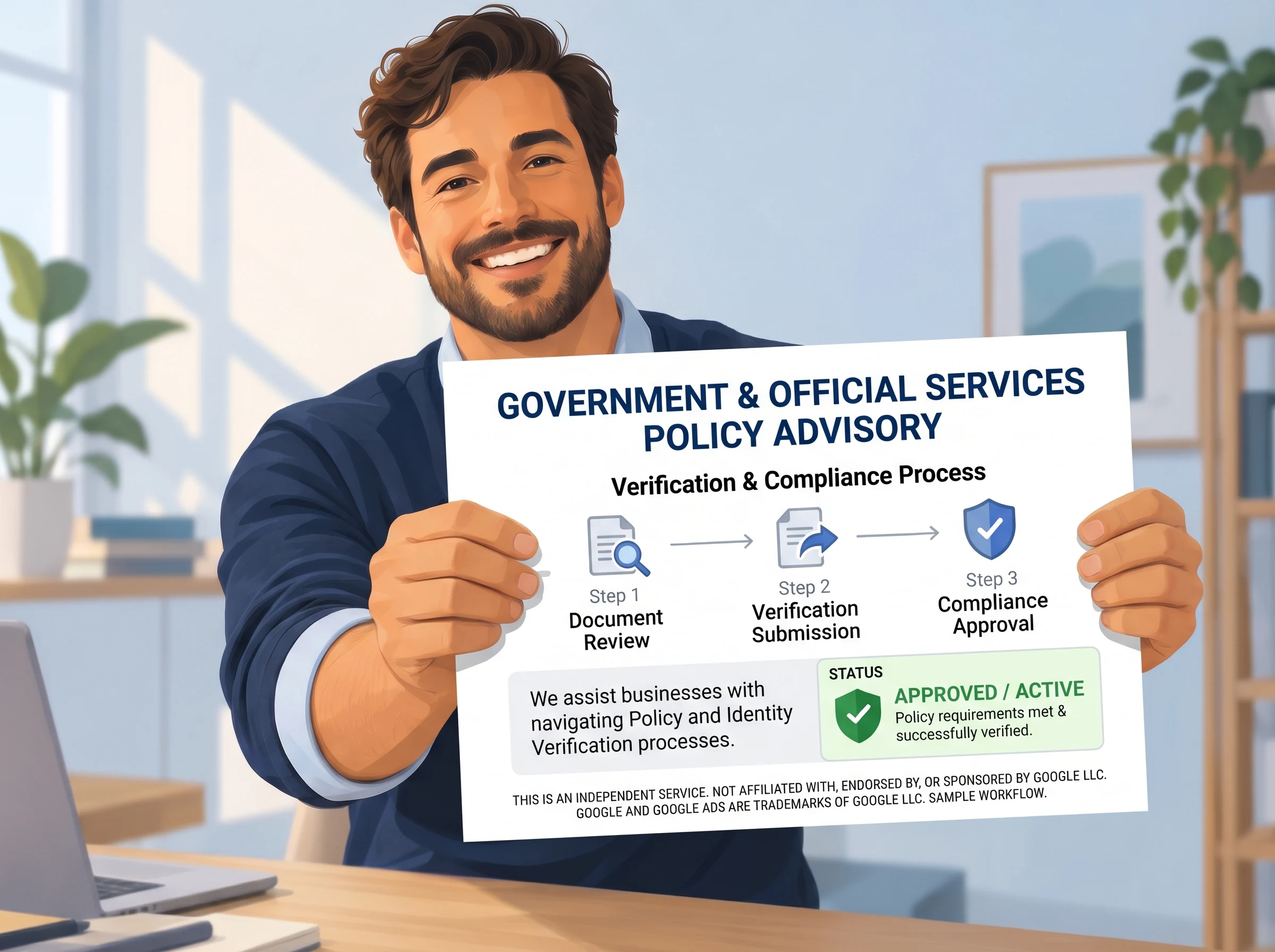 Illustrated man holding a sample policy-advisory workflow with a hypothetical approved status.