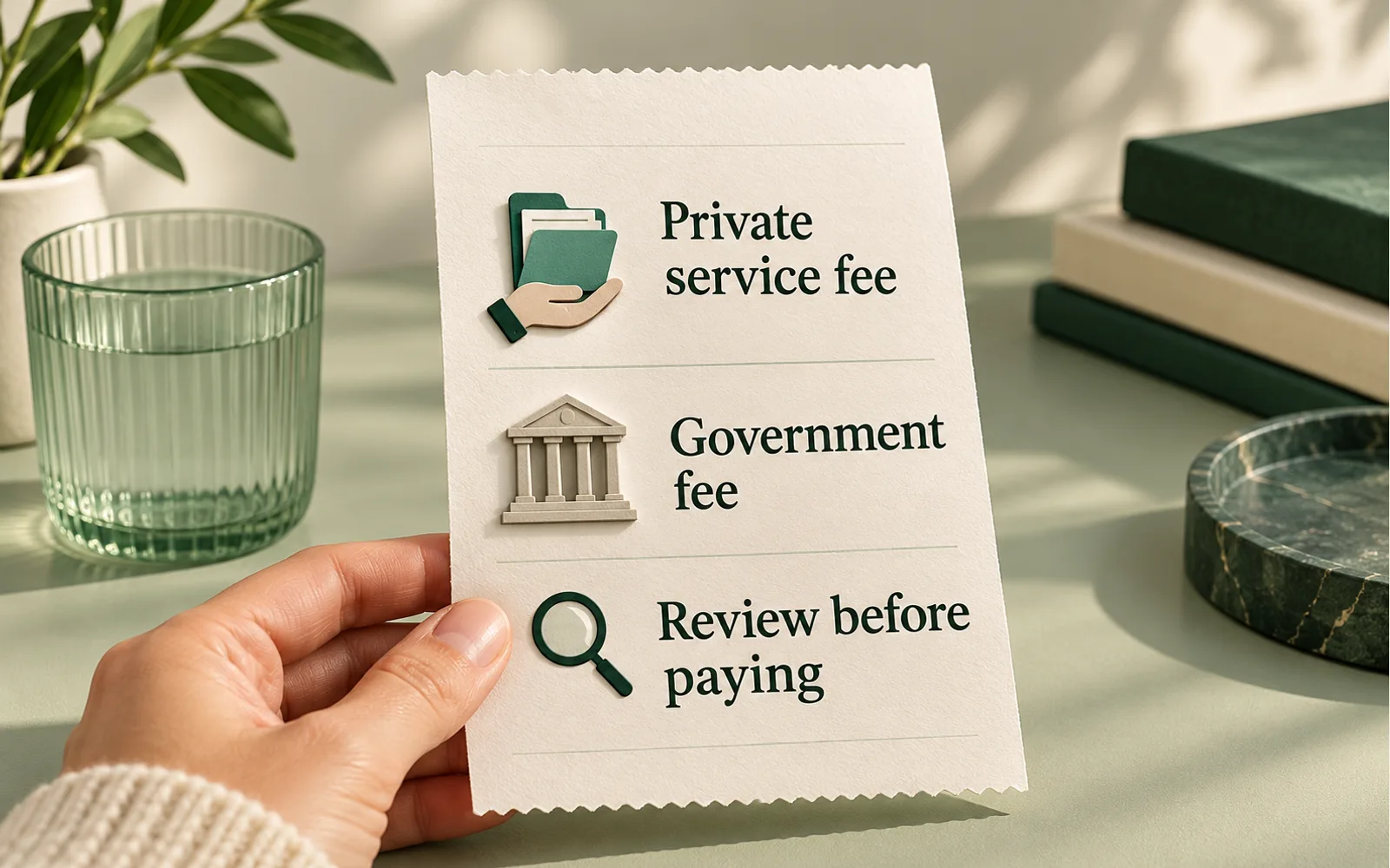 A hand holds an illustrative receipt with separate private service fee and government fee lines and a reminder to review before paying.