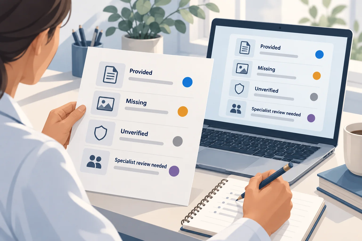 Illustrative document review with provided, missing, unverified, and specialist review needed statuses.